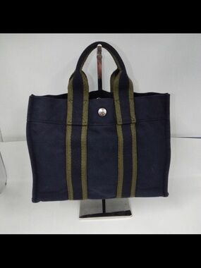 Hermes Navy Canvas Tote with Olive Striped Handles